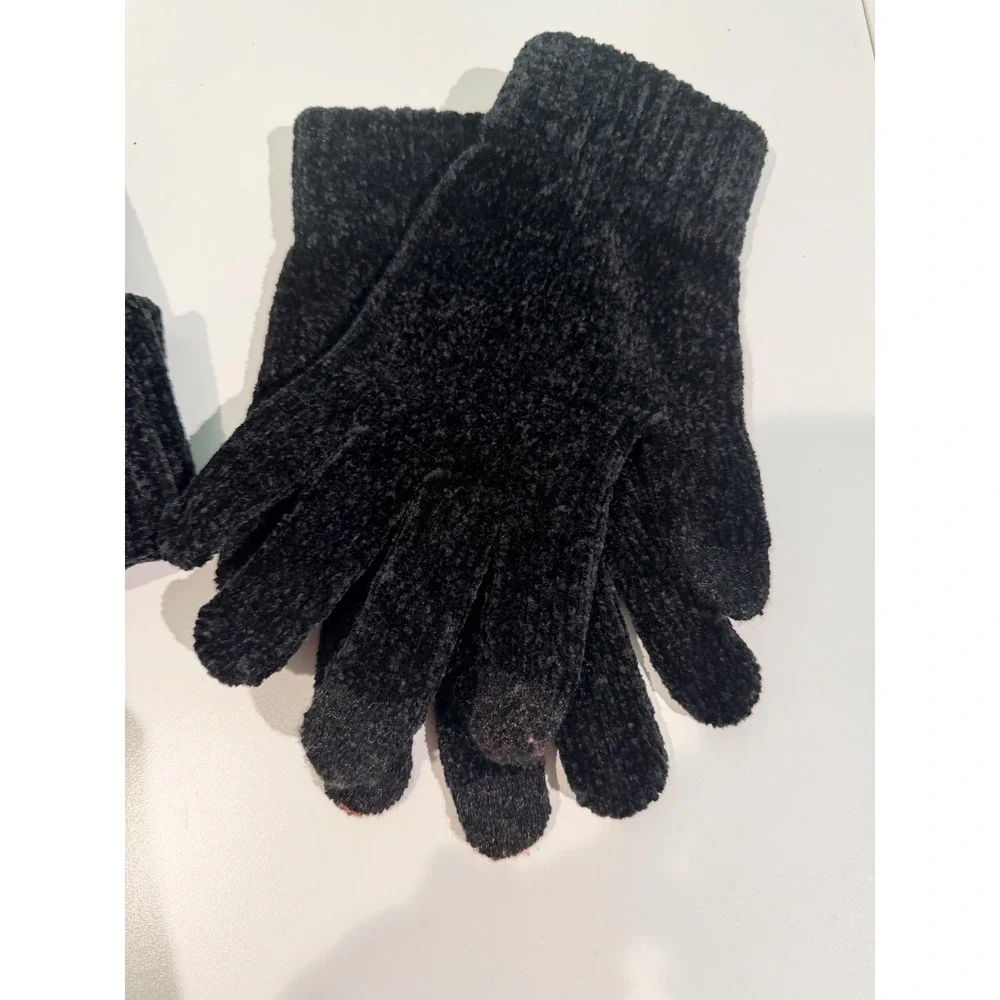 Black Chenille Knit Beanie and Touchscreen Glove Set with Logo Patch